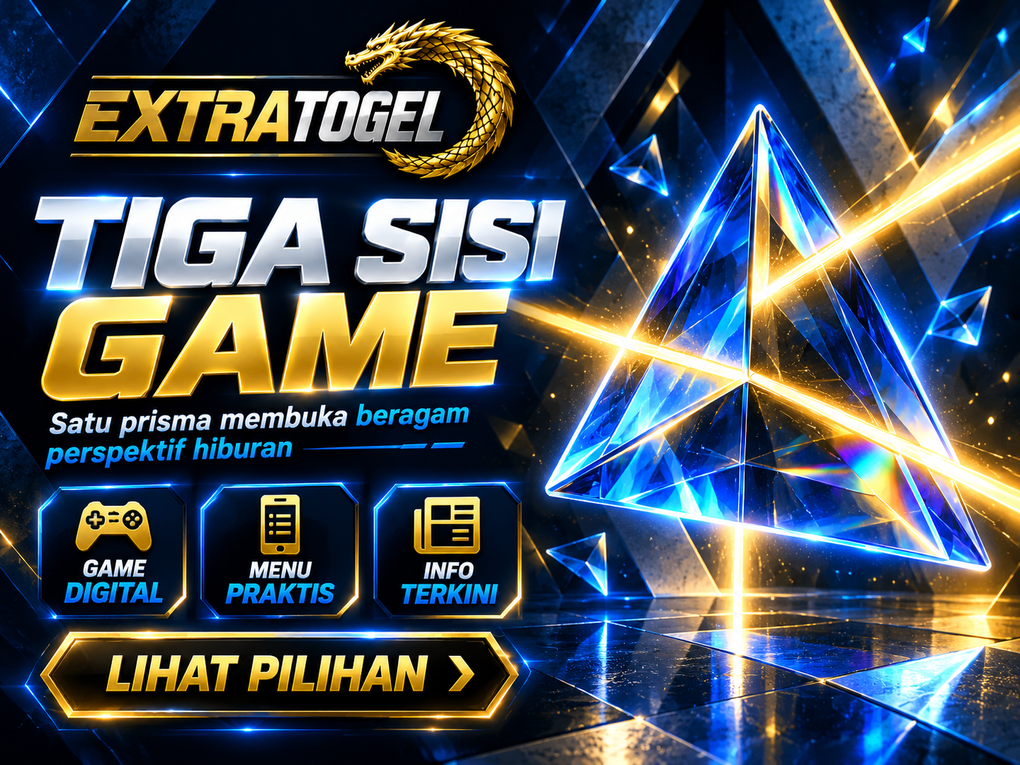 Banner EXTRATOGEL menampilkan prisma segitiga kaca biru dengan tiga sinar emas